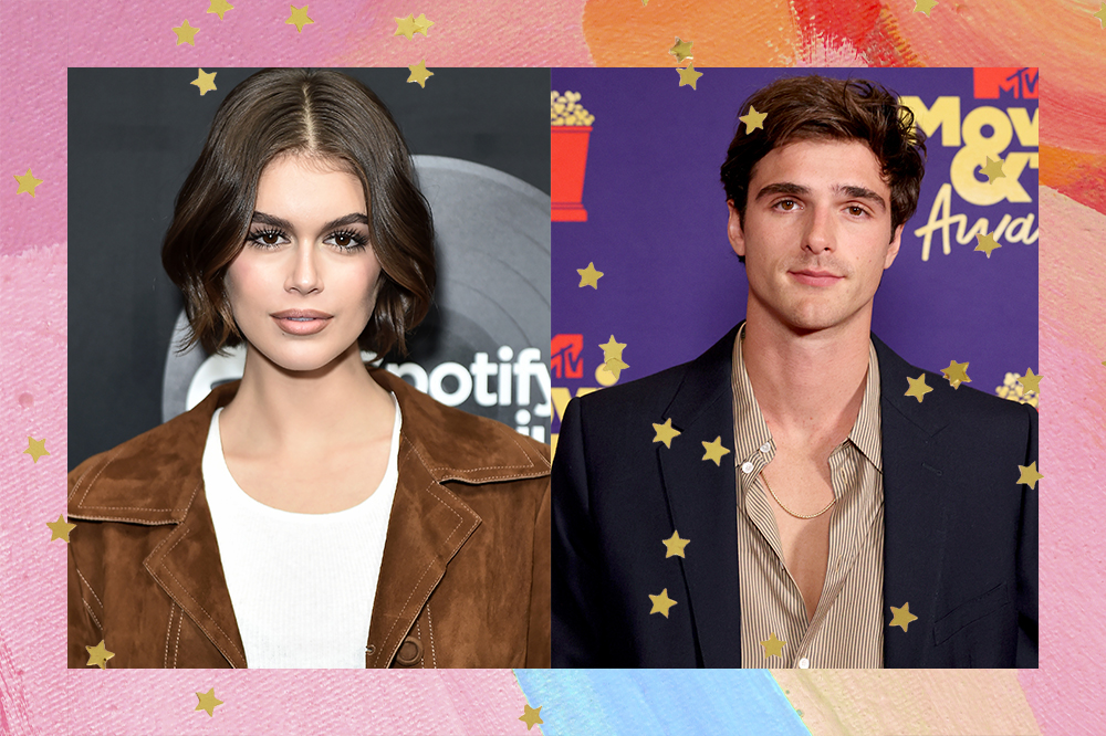 Montagem com duas imagens; na primeira Kaia Gerber posando para foto sorrindo levemente com o cabelo curto e usando blusa branca com um casaco marrom; na segunda Jacob Elordi sorrindo levemente usando uma camisa marrom com paletó preto; a margem é uma textura de tintas nas cores laranja, rosa, azul e vermelho; estrelas amarelas decoram a imagem