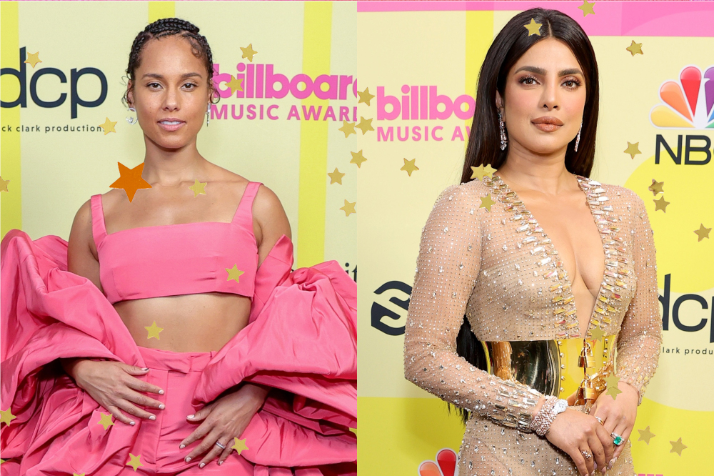 Montagem com duas fotos do Billboard Music Awards. À esquerda, Alicia Keys usando um look rosa com top, calça e uma capa por cima e sorrindo. À direita, Priyanka Chopra com um vestido transparente cheio de pedrarias, decote profundo, cinto dourado com as duas mãos na frente do corpo e expressão facial séria.