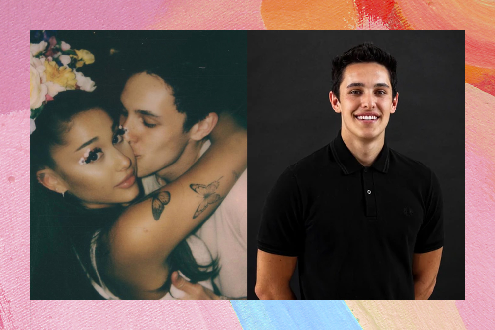 Montagem com foto de Ariana Grande e Dalton Gomez se abraçando e ao lado Dalton Gomez em um fundo escuro