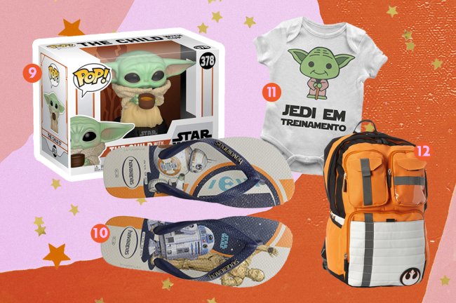 Produtos da saga Star Wars. Na imagem, vemos um funko do Baby Yoda, um chinelo customizado, um mochila tematizada da Aliança Rebelde e um body de bebê do Baby Yoda, com os dizeres 