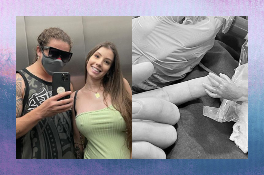 Montagem com duas fotos; na primeira Whindersson Nunes e Maria Lina no elevador, ele usa máscara e tira uma selfie no espelho enquanto ela sorri com a mão na barriga; na segunda Foto em preto e branco de em que só aparece o dedo do humorista, que encosta na mão do filho prematuro