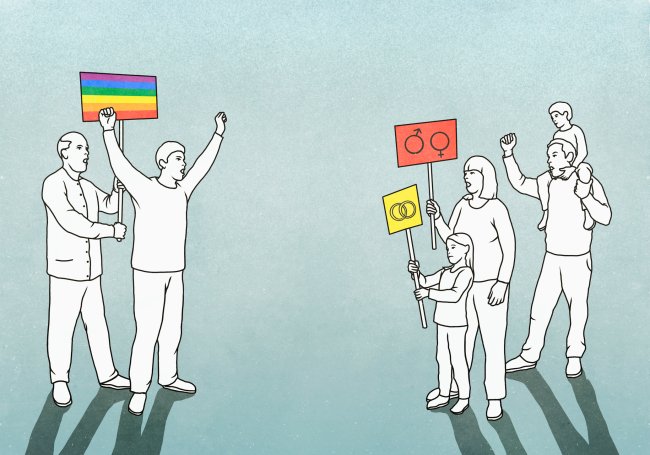 Ilustração de pessoas da família tradicional brasileira contra a manifestação em prol do orgulho LGBTQIA+