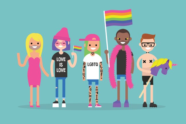 Ilustração com pessoas de diferentes estilos que fazem parte da comunidade LGBTQIA+