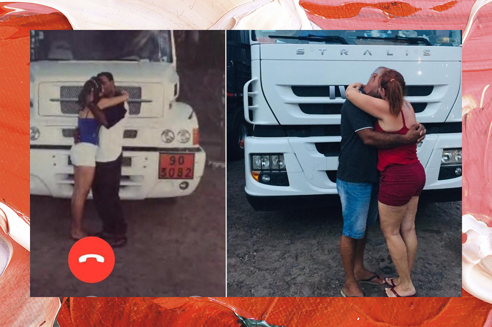 Casal recria foto de beijo tirada há 20 anos, quando se conheceram. Ao fundo, aparece um caminhão