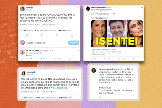 Imagem mostra diferentes discursos contra o governo atual, de Anitta, Juliette, Gil do Vigor e Ivete Sangalo