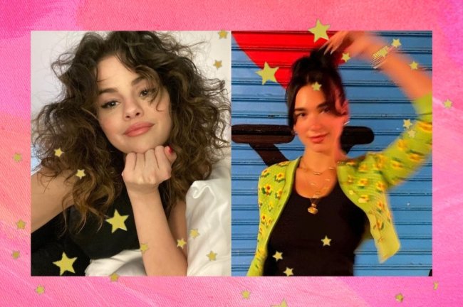 Montagem com a foto da Selena Gomez e Dua Lipa. A esquerda, a Selena posa para uma selfia, ela usa uma blusa preta e cabelo solto com a franja no estilo cortininha. A direita, Dua posa para a foto, ela usa blusa preta, cardigan verde e cabelo preso em um coque com a franja cortininha solta. Ambas olham para a câmera e sorriem para a foto.