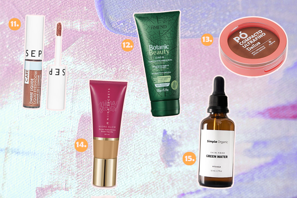 produtos-veganos-03 Montagem com cinco produtos de beleza veganos. Há uma sombra líquida, um leave-in, um pó facial, uma base e uma água de beleza.