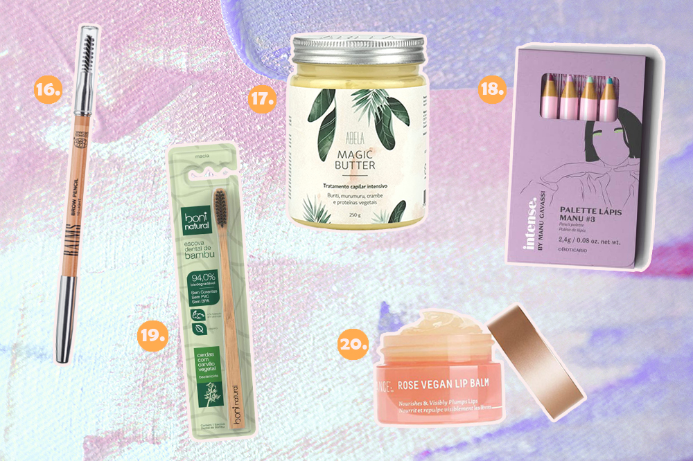 produtos-veganos-04 Montagem com cinco produtos de beleza veganos. Há um lápis de sobrancelha, uma máscara capilar, um kit de lápis de olhos, uma escova de dentes de bambu e um lip balm.
