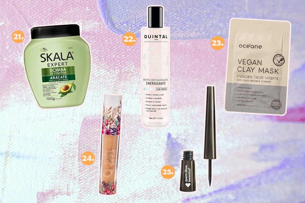 produtos-veganos-05 Montagem com cinco produtos de beleza veganos. Há uma máscara para cabelo, uma bruma hidratante, uma máscara facial de argila, um corretivo e um delineador preto.