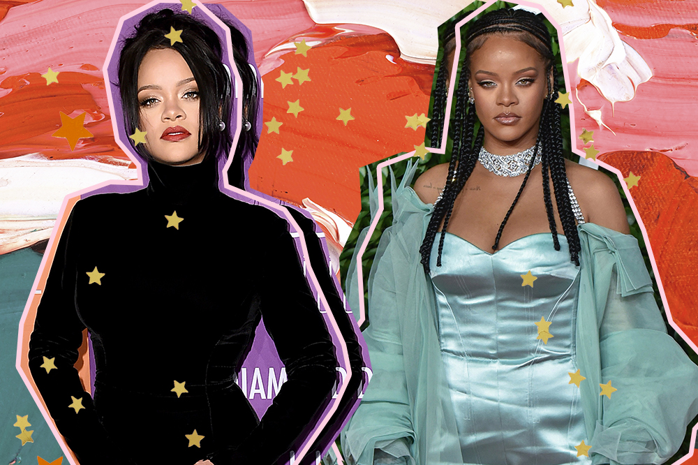 Montagem com duas fotos da Rihanna. À esquerda, ela está usando um vestido de veludo preto de manga comprida, batom vermelho, cabelo preso em coque alto e expressão facial séria. À direita, ela está usando um vestido sem mangas de cetim verde-água com capa transparente e luvas da mesma cor, além de colar grosso de brilhos e expressão facial séria.