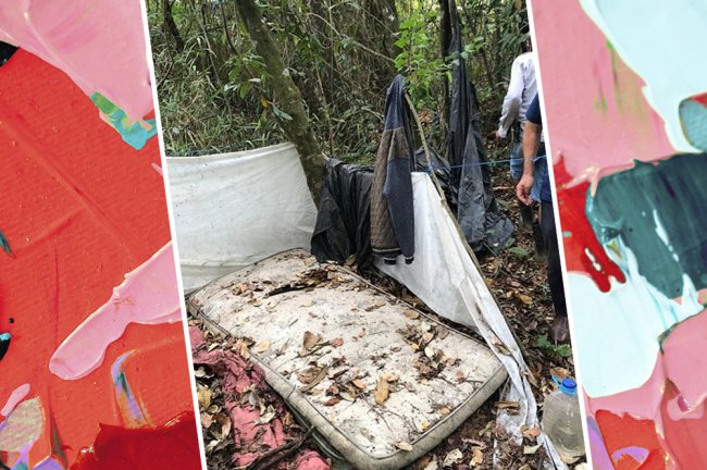 Quem é o “Serial Killer de Brasília”, onde ele está e quais crimes cometeu Imagem de um esconderijo na mata, com um colchão velha e um varal com algumas roupas penduradas
