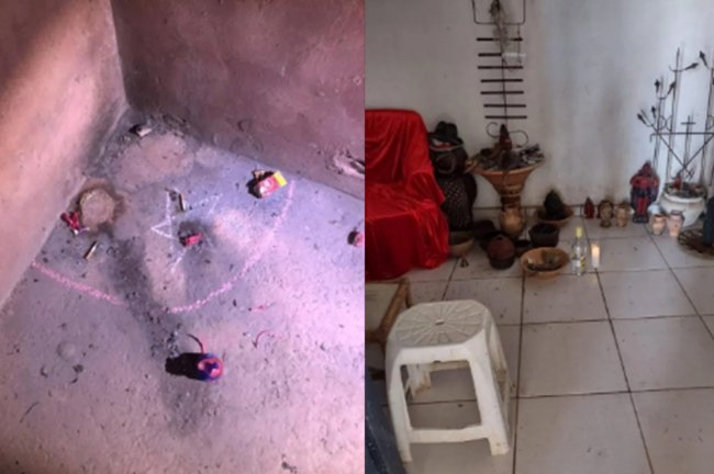 “Serial Killer de Brasília” teria sacrificado vítima em ritual satânico Imagem de um altar com objetos considerados satânicos pela polícia, como pentagramas, pedras e cruzes invertidas