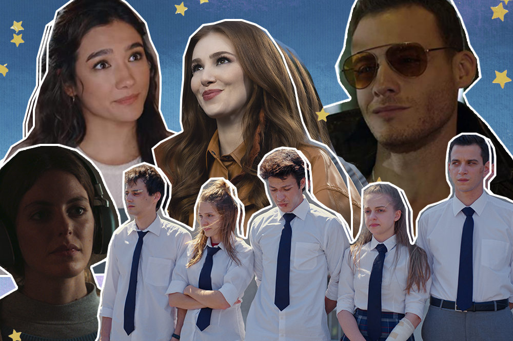Colagem com personagens de produções turcas da Netflix; 50m2; 9 vidas de Leyla; Immortals; 8 em Istambul e Love 101; o fundo é uma textura em tons de azul com estrelas amarelas como decoração