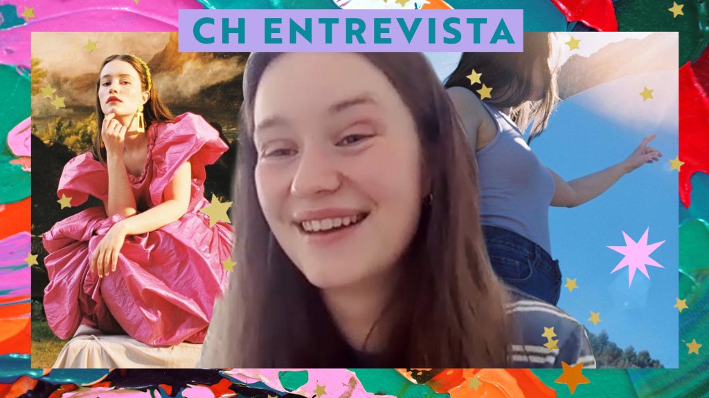 Thumb de entrevista realizada com a cantora Sigrid com três fotos; a primeira é uma imagem do single Mirror em que ela usa um vestido rosa; a segunda é uma captura de tela da entrevista e a terceira uma foto de divulgação do single que a cantora olha para o céu com reflexo da luz do sol