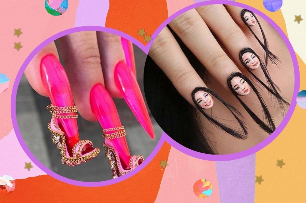 Montagem com foco em duas unhas diferentes, uma com base rosa e dois sapatos de salto e a outra com o rosto de uma jovem com cabelos, pendurada nas unhas.