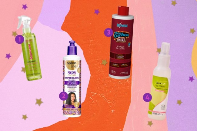 Ativador de cachos Montagem com opções de produtos para cabelo cacheado. Os produtos estão em um fundo com um mix de cores, entre elas as cores: laranja, rosa, salmão e lilás. E estrelas douradas.