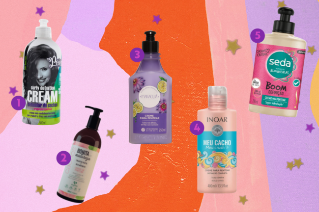Creme para pentear para cabelo cacheado Montagem com opções de produtos para cabelo cacheado. Os produtos estão em um fundo com um mix de cores, entre elas as cores: laranja, rosa, salmão e lilás. E estrelas douradas.