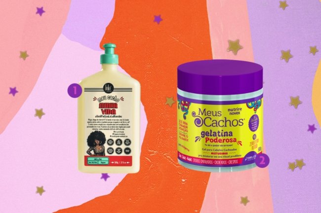 Gel para cabelo cacheado Montagem com opções de produtos para cabelo cacheado. Os produtos estão em um fundo com um mix de cores, entre elas as cores: laranja, rosa, salmão e lilás. E estrelas douradas.