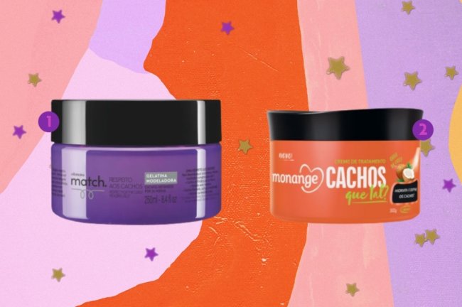 Geleia e Gelatina para cabelo cacheado Montagem com opções de produtos para cabelo cacheado. Os produtos estão em um fundo com um mix de cores, entre elas as cores: laranja, rosa, salmão e lilás. E estrelas douradas.