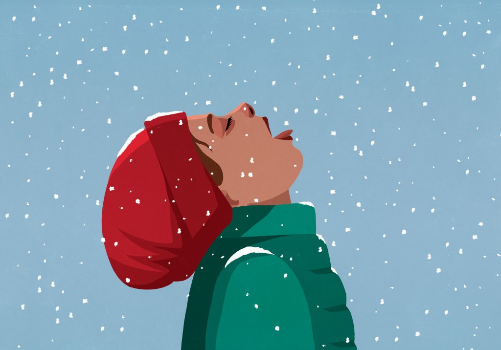 Ilustração de uma jovem usando gorro de lã vermelho, feliz da vida, enquanto come flocos de neve