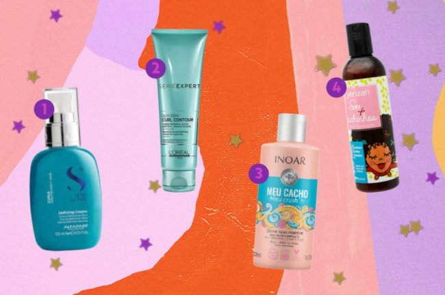 Leave-in para cabelo cacheado Montagem com opções de produtos para cabelo cacheado. Os produtos estão em um fundo com um mix de cores, entre elas as cores: laranja, rosa, salmão e lilás. E estrelas douradas.