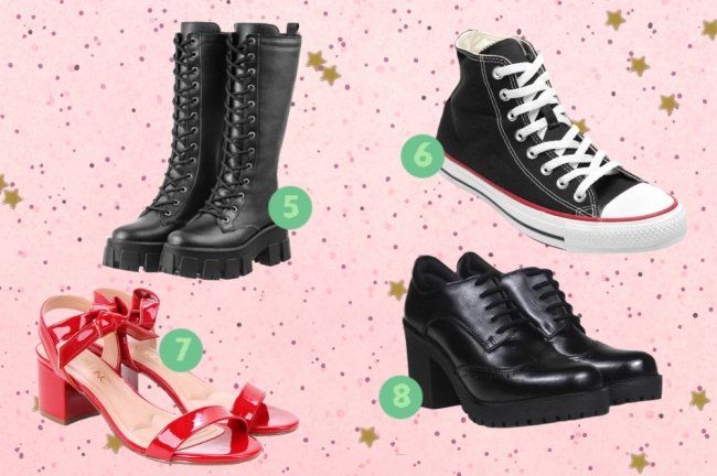 Sapatos Olivia Rodrigo Montagem com fundo rosa com bolinhas e sapatos de diversos modelos espalhados por ela.