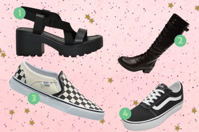 Sapatos Olivia Montagem com fundo rosa com bolinhas e sapatos de diversos modelos espalhados por ela.