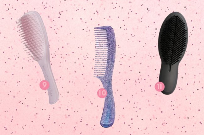 Tipos de escova para cabelo Fundo rosa com bolinhas, e imagens de vários tipos de escova espalhados pela foto.