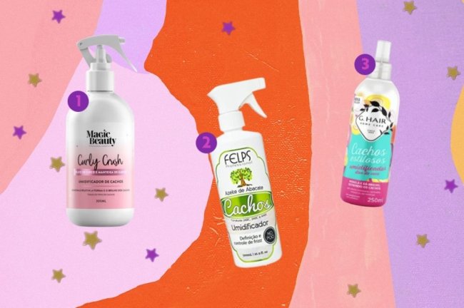 Umidificador de cachos Montagem com opções de produtos para cabelo cacheado. Os produtos estão em um fundo com um mix de cores, entre elas as cores: laranja, rosa, salmão e lilás. E estrelas douradas.
