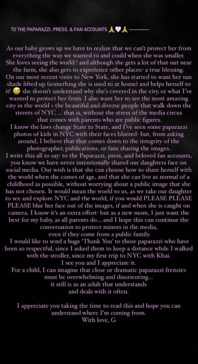 carta-aberta-gigi-hadid Print do Story no Instagram de Gigi Hadid, com a carta para os fãs, paparazzi e imprensa.