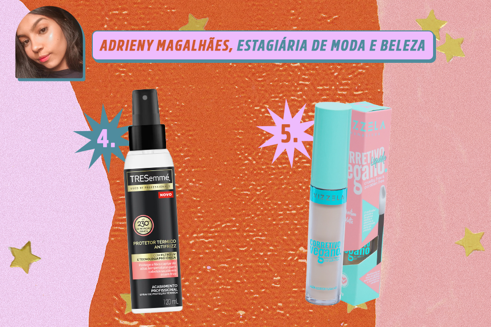 ch-indica-produtos-beleza-redacao-adrieny-magalhaes Montagem com dois produtos de beleza, um de cabelo e um corretivo. Indicações de Adrieny Magalhães, estagiária de moda e beleza da CAPRICHO. O fundo é laranja, rosa e lilás com estrelas douradas.