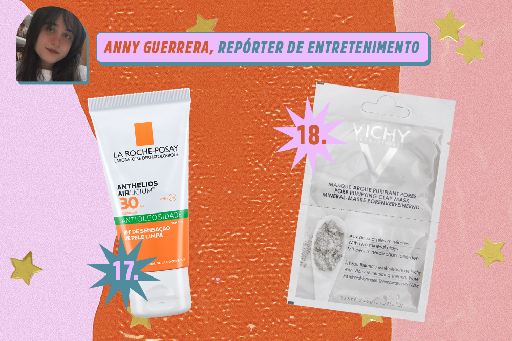 ch-indica-produtos-beleza-redacao-anny-guerrera Montagem com dois produtos de beleza, um protetor solar e uma máscara facial. Indicações de Anny Guerrera, repórter de entretenimento da CAPRICHO. O fundo é laranja, rosa e lilás com estrelas douradas.