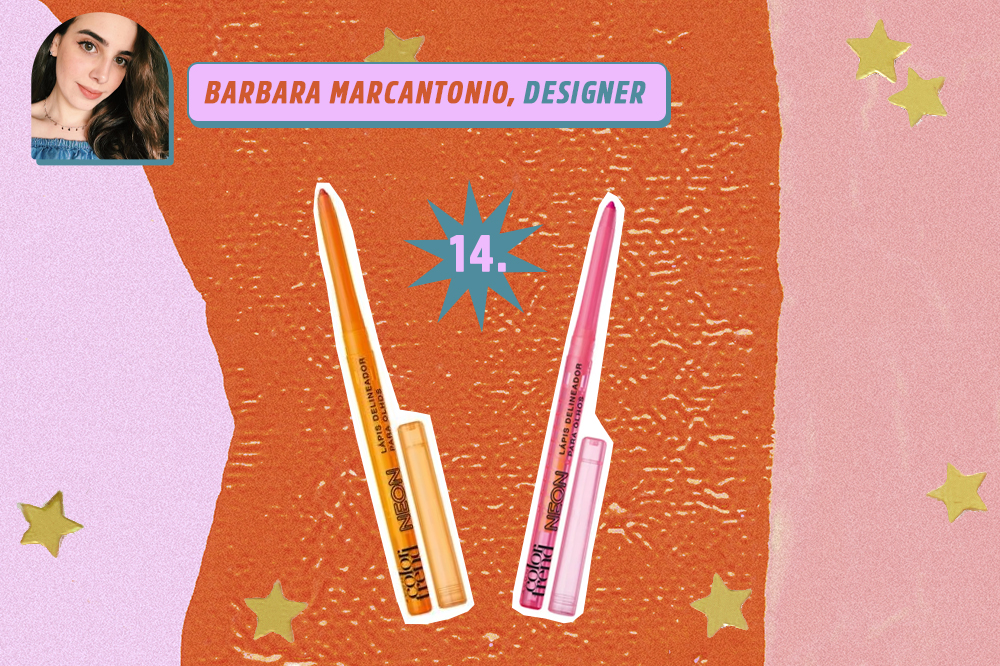 ch-indica-produtos-beleza-redacao-barbara-marcantonio Montagem com o mesmo produto de beleza em duas cores diferentes: um lápis de olho laranja e rosa. Indicações de Barbara Marcantonio, designer da CAPRICHO. O fundo é laranja, rosa e lilás com estrelas douradas.