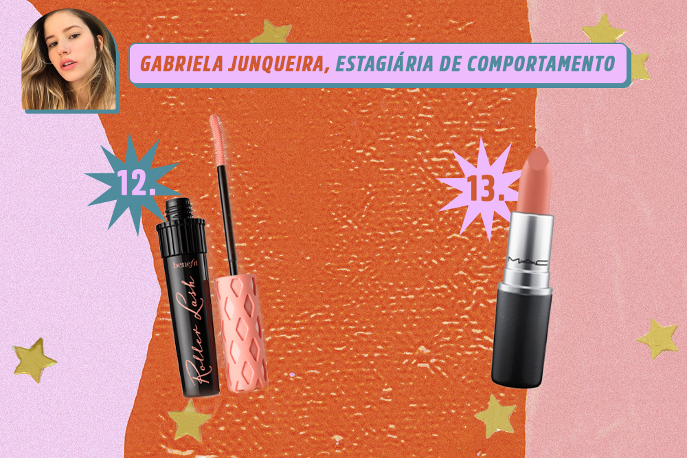 ch-indica-produtos-beleza-redacao-gabriela-junqueira Montagem com dois produtos de beleza: uma máscara de cílios e um batom nude. Indicações de Gabriela Junqueira, estagiária de comportamento da CAPRICHO. O fundo é laranja, rosa e lilás com estrelas douradas.