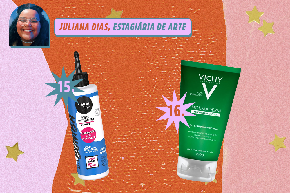 ch-indica-produtos-beleza-redacao-juliana-dias Montagem com dois produtos de beleza, um creme para o cabelo e um sabonete facial. Indicações de Juliana Dias, estagiária de arte da CAPRICHO. O fundo é laranja, rosa e lilás com estrelas douradas.