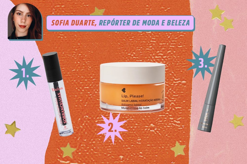 ch-indica-produtos-beleza-redacao-sofia-duarte Montagem com três produtos de beleza, um gel para sobrancelhas, um lip balm e um delineador líquido. Indicações de Sofia Duarte, repórter de moda e beleza da CAPRICHO. O fundo é laranja, rosa e lilás com estrelas douradas.