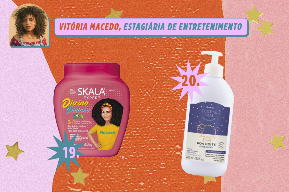 ch-indica-produtos-beleza-redacao-vitoria-macedo Montagem com dois produtos de beleza, um creme para um cabelo e um hidratante corporal. Indicações de Vitória Macedo, estagiária de entretenimento da CAPRICHO. O fundo é laranja, rosa e lilás com estrelas douradas.