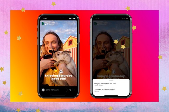 A colagem mostra duas telas do Instragram com o novo recurso que possibilita traduzir os stories