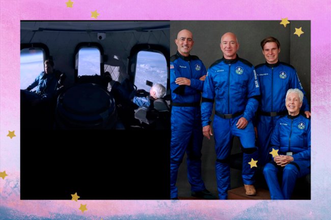 Colagem com duas imagens. Na primeira, imagem interna da cápsula da Blue Origin. Na segunda, tripulação do voo