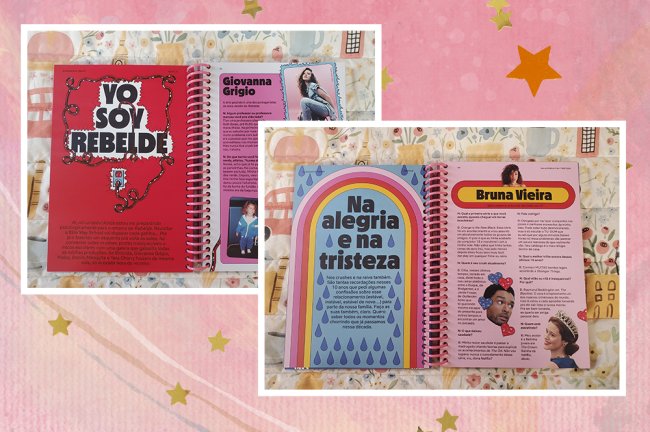almanaque entrevistas Duas imagens do Almanaque Tudum Netflix com entrevistas de Gigi Grigio por Rebelde e Bruna Vieira por De Volta aos 15 em um fundo de textura rosa com estrelas amarelas