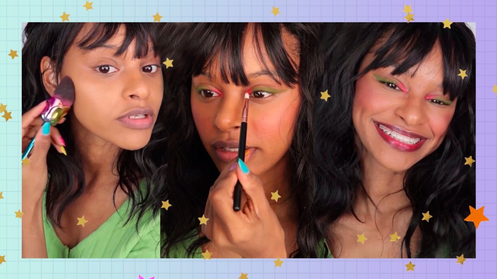 Montagem com três fotos da influenciadora Tami Dagnes com o fundo azul e detalhes de estrelas dourados. As três fotos dão um close no rosto dela, ela está com o cabelo solto e segurando pincéis de maquiagem nas duas primeiras fotos, na terceira foto ela sorri com a maquiagem com pele natural, gloss e sombra verde e rosa.