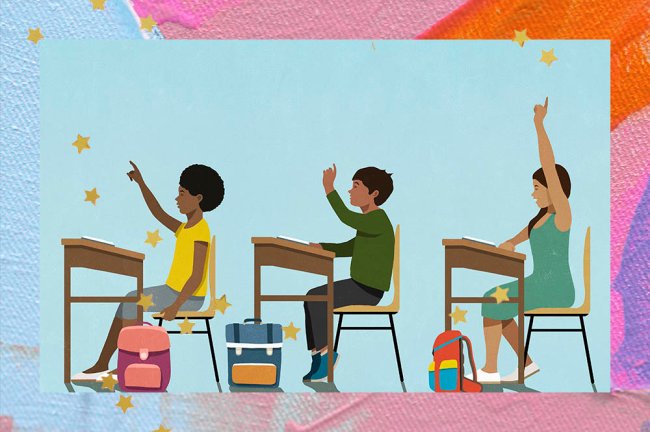 materiaescola Ilustração de três alunos sentados em carteiras escolares, com fundo azul