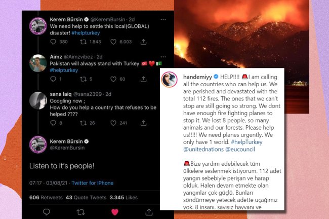 Prints do Twitter e do Instagram falando sobre os incêndios na Turquia