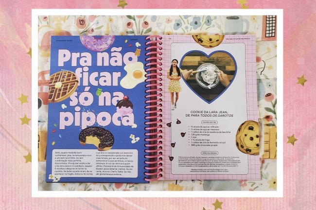 receitas almanaque Umaa imagem do Almanaque Tudum Netflix com receitas em um fundo de textura rosa com estrelas amarelas como decoração