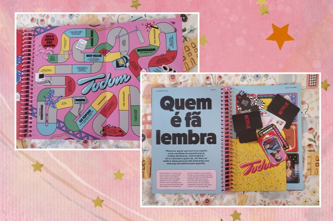 tudum almanaque Duas imagens do Almanaque Tudum Netflix com conteúdos interativos como jogo de tabuleiro e jogo da memória em um fundo de textura rosa com estrelas amarelas como decoração