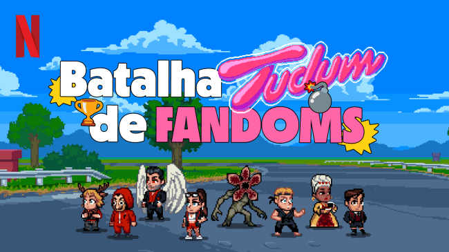 Arte de divulgação da Batalha de Fandoms Tudum, promovida pela Netflix Brasil. Ela imita um jogo antigo de videogame, com personagem pixelados numa disputa à la desenho Corrida Maluca