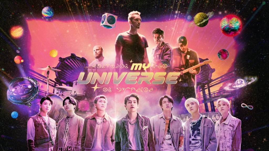 Pôster de divulgação de My Universe com BTS e Coldplay; os artistas estão com expressões neutras divididos na imagem sendo que a banda está concentrada na parte superior enquanto o septeto está na inferior; elementos de espaço nas cores rosa e roxo decoram a foto e o nome do single aparece ao centro em amarelo e lilás