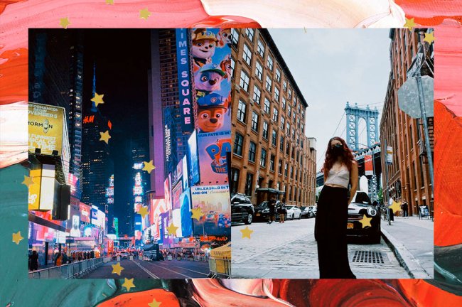 Colagem com duas fotos de Nova Iorque. Na primeira, está a Times Square. Na segunda, uma menina posando em frente a uma rua da cidade.