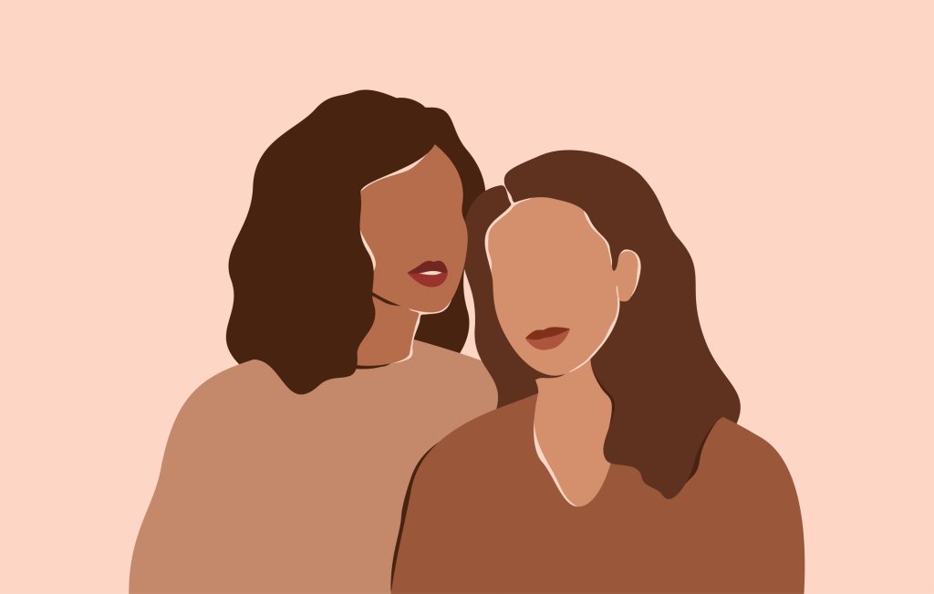 Ilustração de duas mulheres negras com suas cabeças encostadas uma na outra