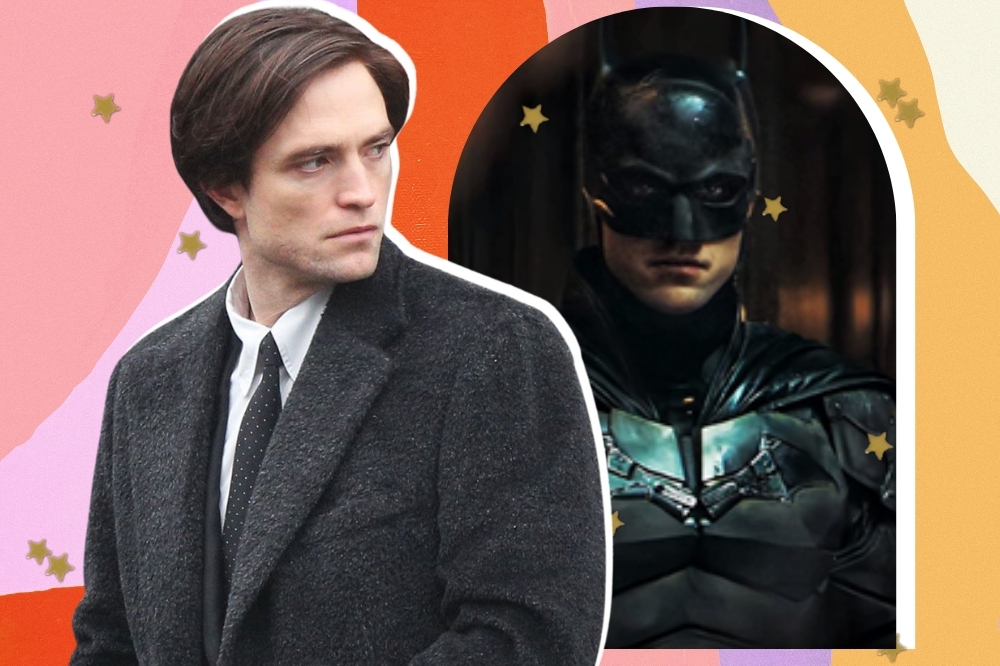 Montagem com Robert Pattinson com o traje do Batman em fundo colorido.